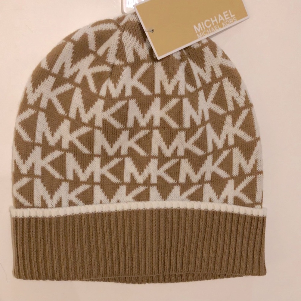 Michael Kors Tan and White Knit Beanie